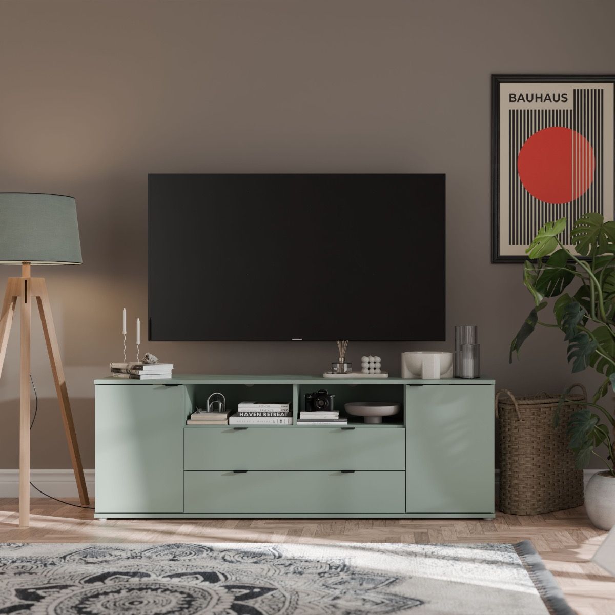 Ganymede Wide TV Unit with Open Shelving, 2 Drawers & 2 Doors