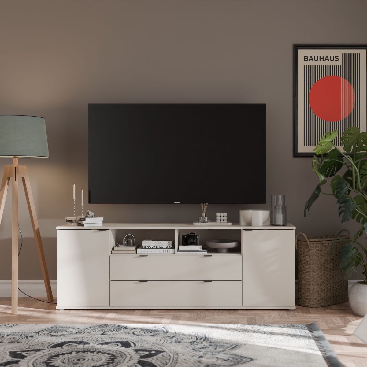 Ganymede Wide TV Unit with Open Shelving, 2 Drawers & 2 Doors