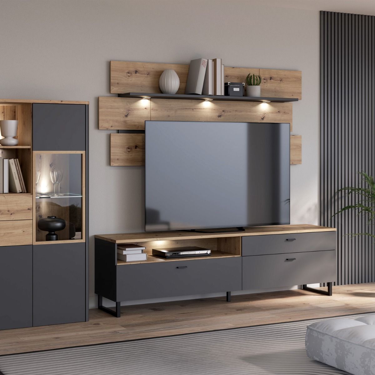 Klara TV Unit with 1 Drawer 2 Flip Doors in Grey and Brown inc LED Lighting