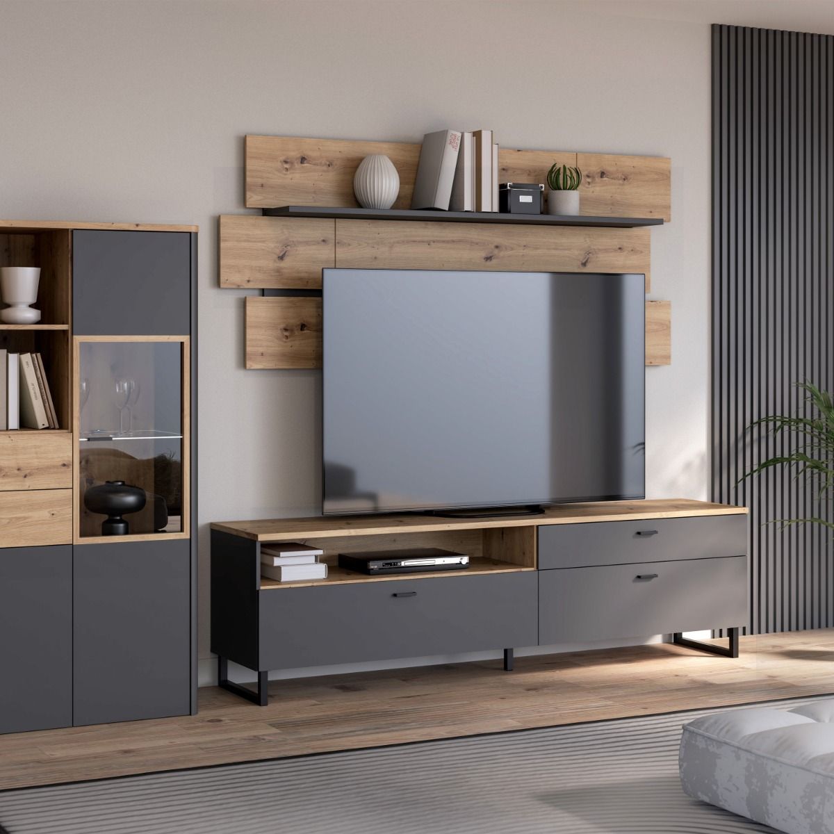Klara TV Unit with 1 Drawer 2 Flip Doors in Grey and Brown inc LED Lighting