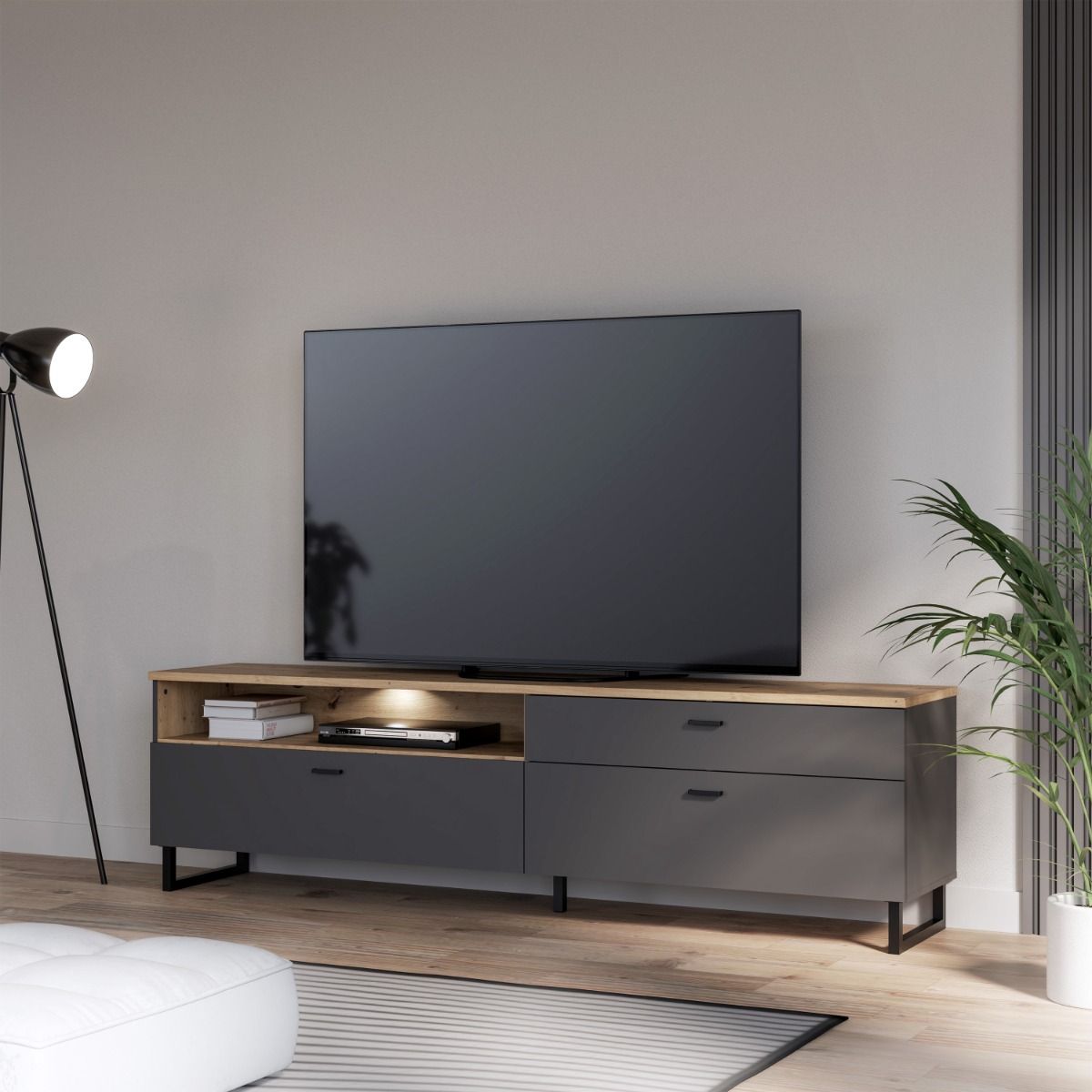 Klara TV Unit with 1 Drawer 2 Flip Doors in Grey and Brown inc LED Lighting