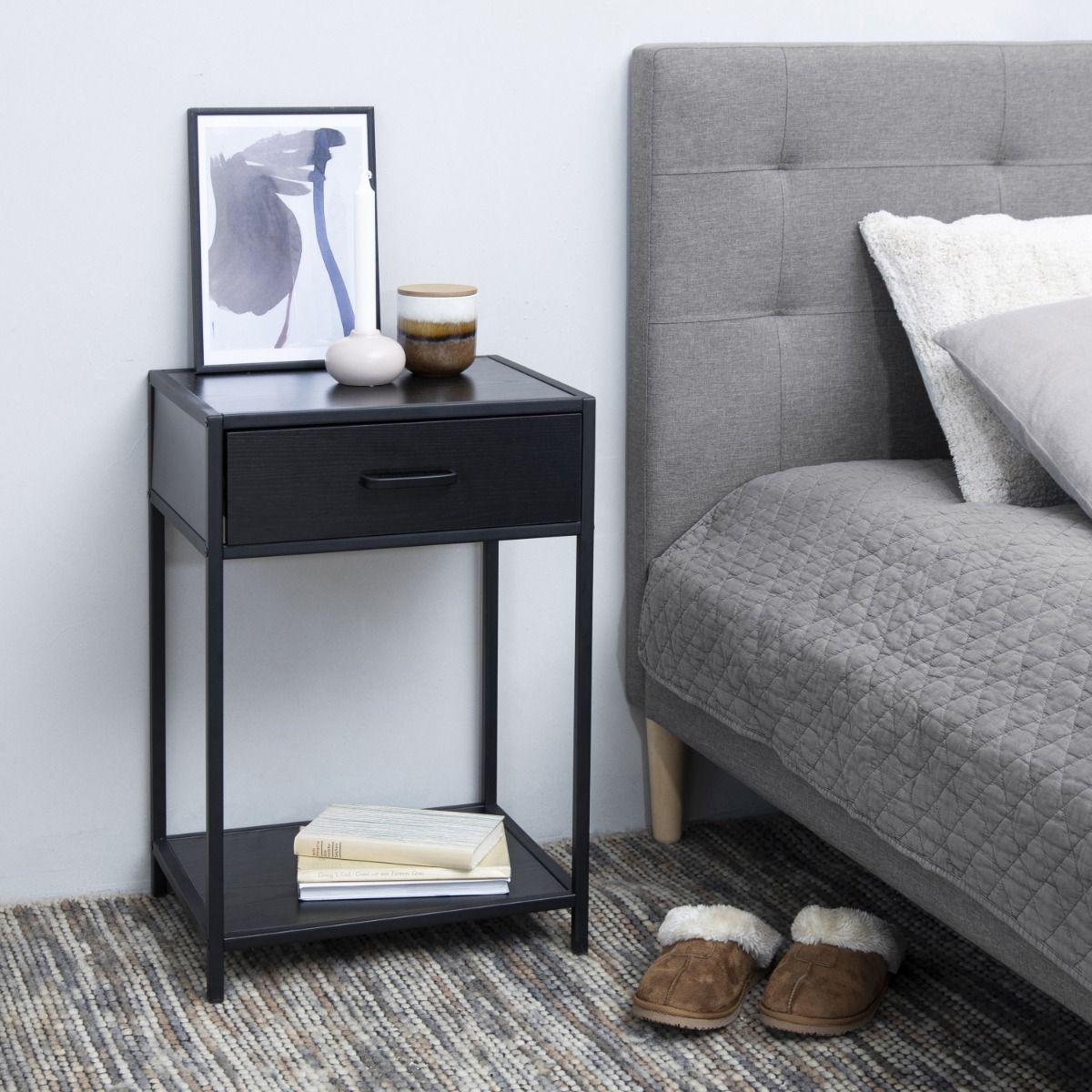 Seaford Bedside Table with 1 Drawer in Black & Brown