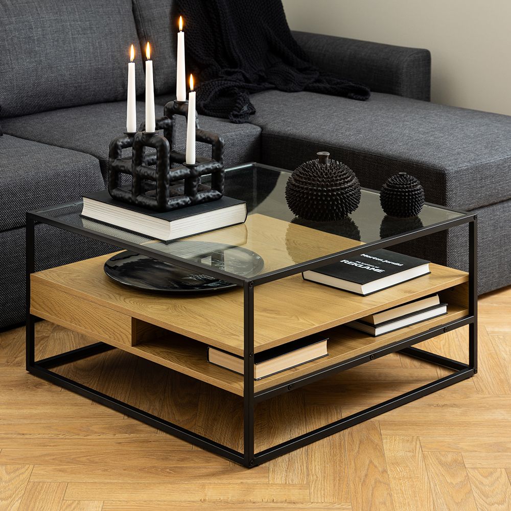 Randolf Square Coffee Table with 2 Shelves in Black and Brown