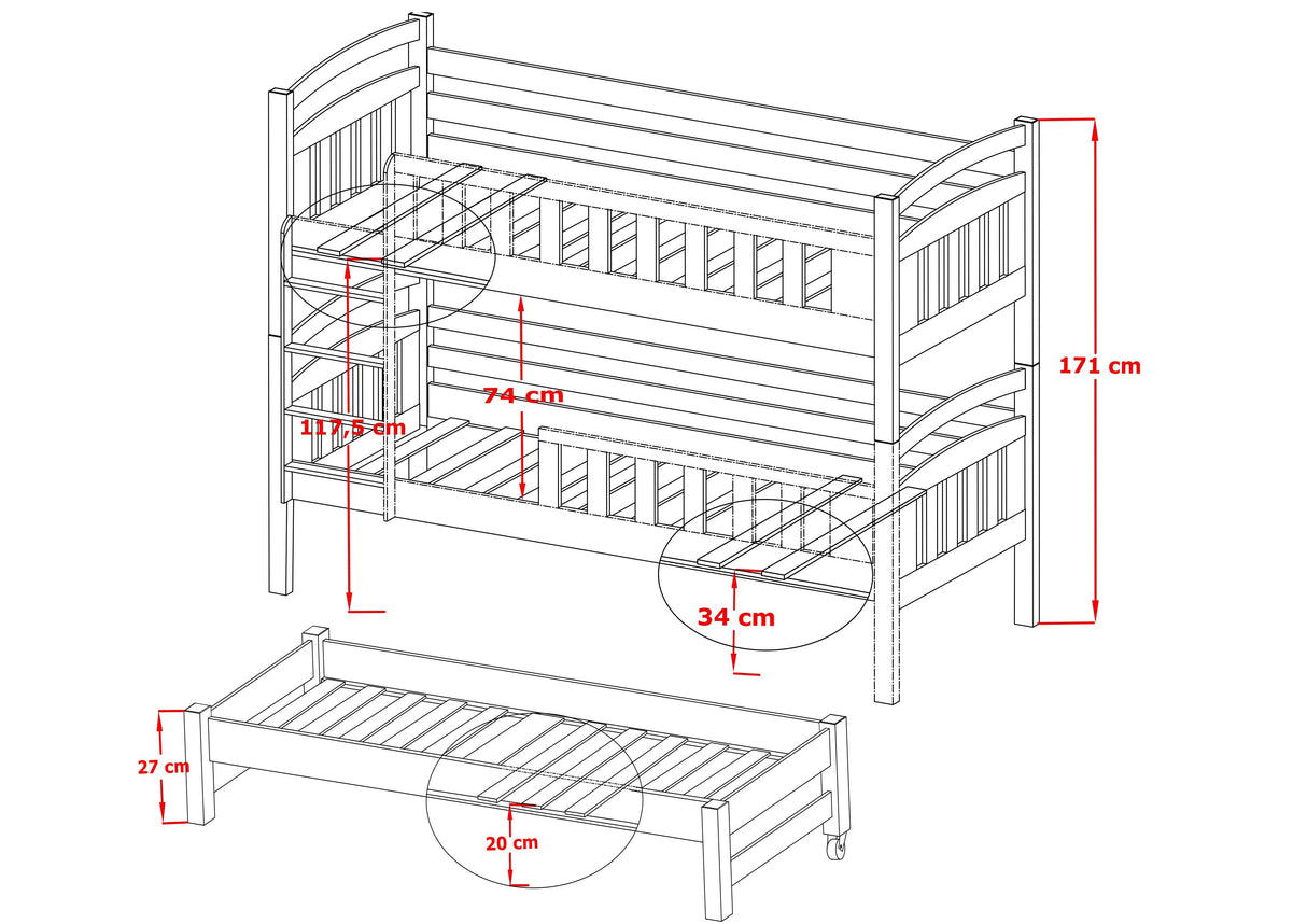 Wooden Bunk Bed Viki with Trundle and Storage