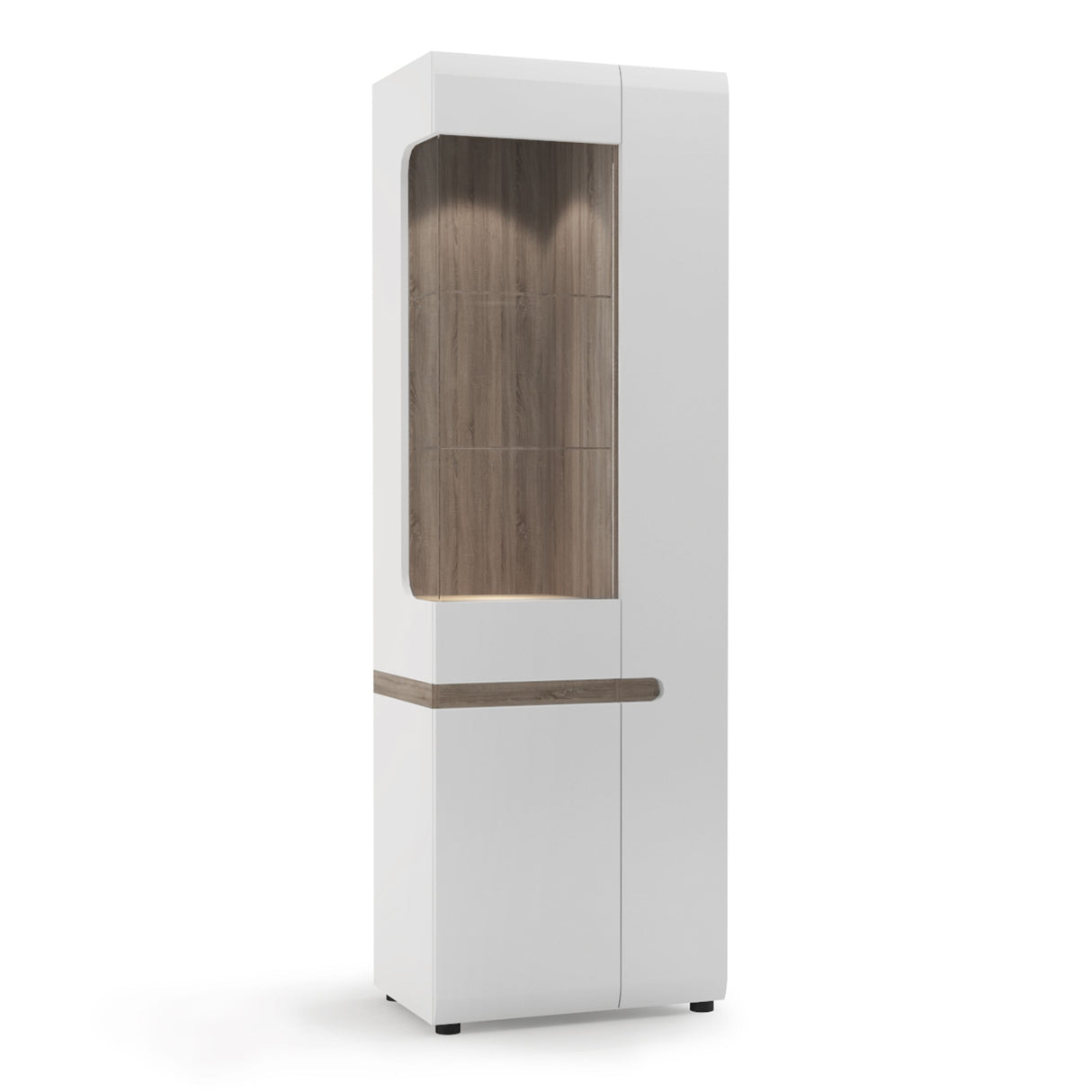 Chelsea Living Tall Glazed Narrow Display Unit in White with Oak Trim