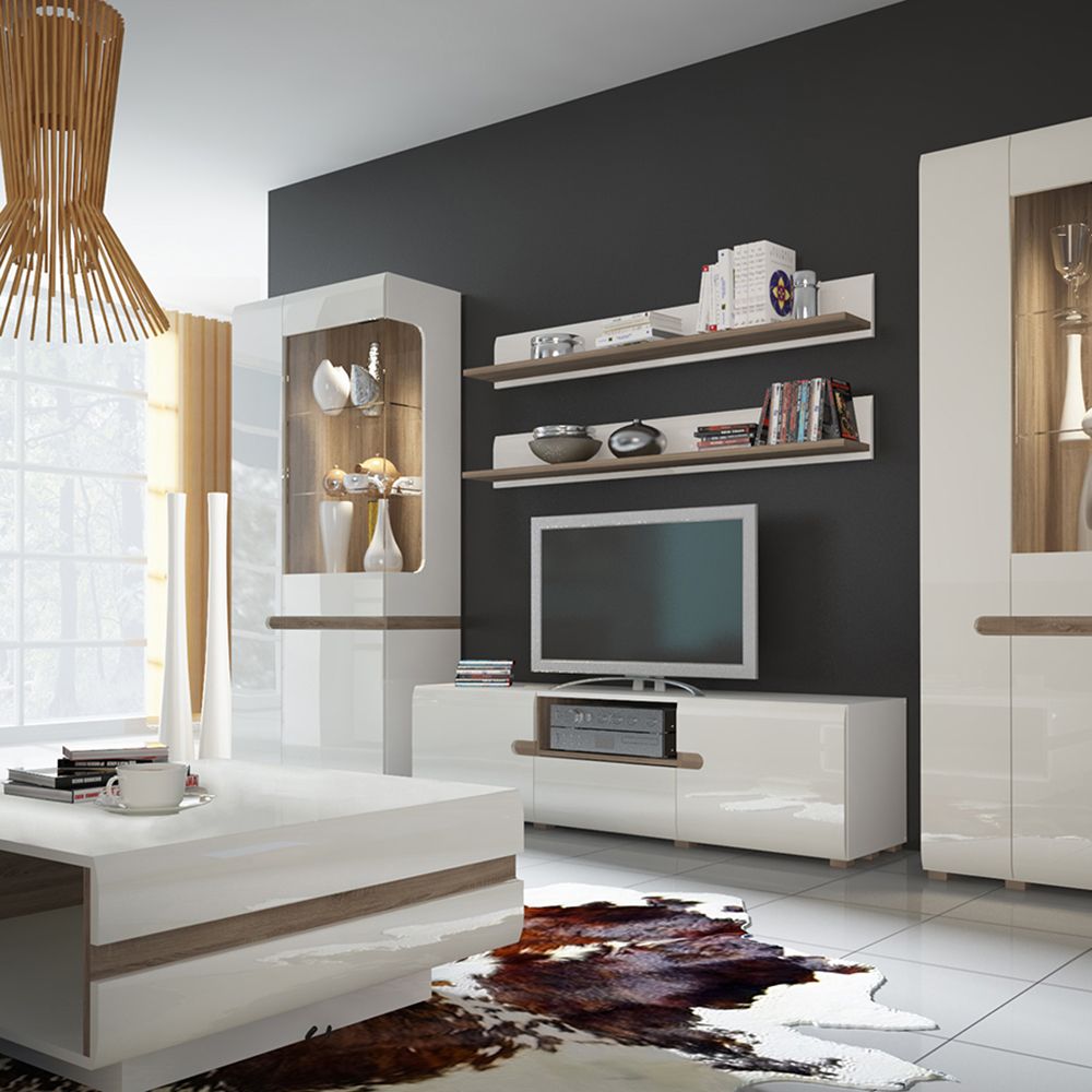 Chelsea Living Tall Glazed Narrow Display Unit (LHD) in White and Truffle Oak