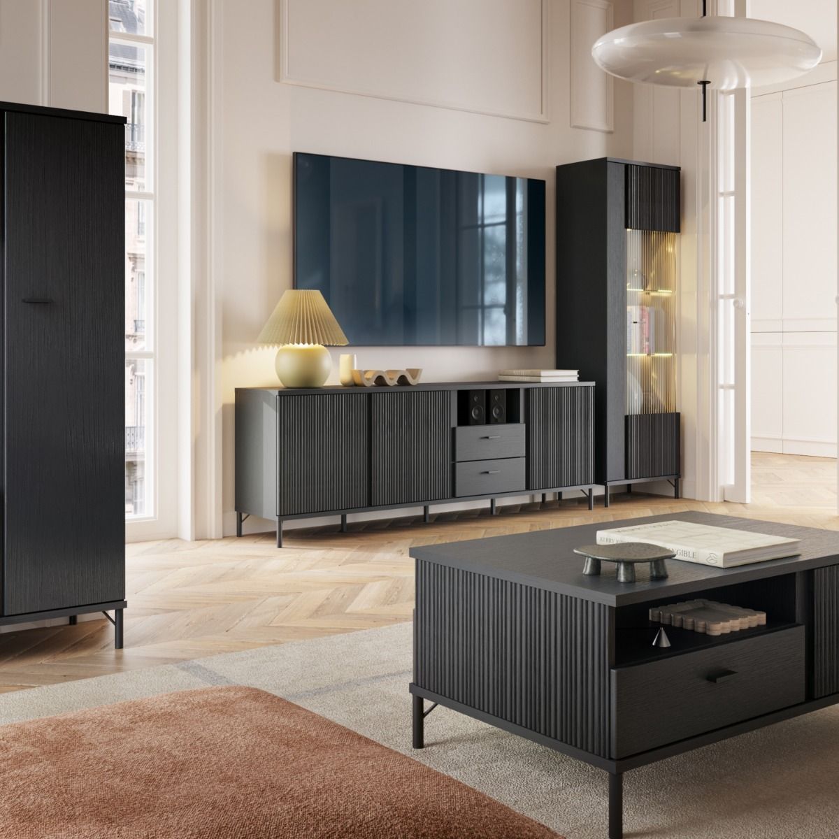 Lusaka TV Cabinet 3 Door 2 Drawer in Black Graphite