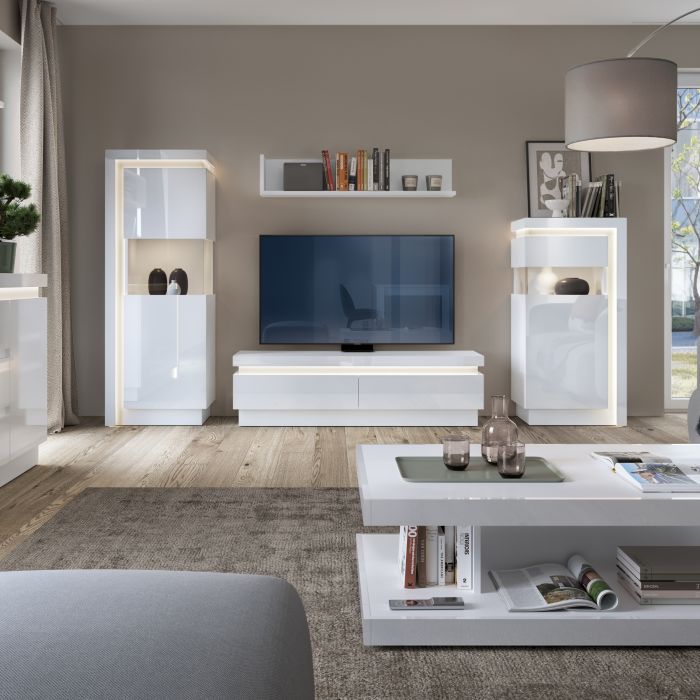 Lyon 2 Drawer TV Cabinet (including LED lighting) in White and High Gloss