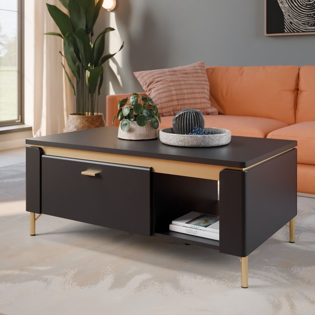 Genoa Coffee Table 1 Drawer in Black Matt/Gold