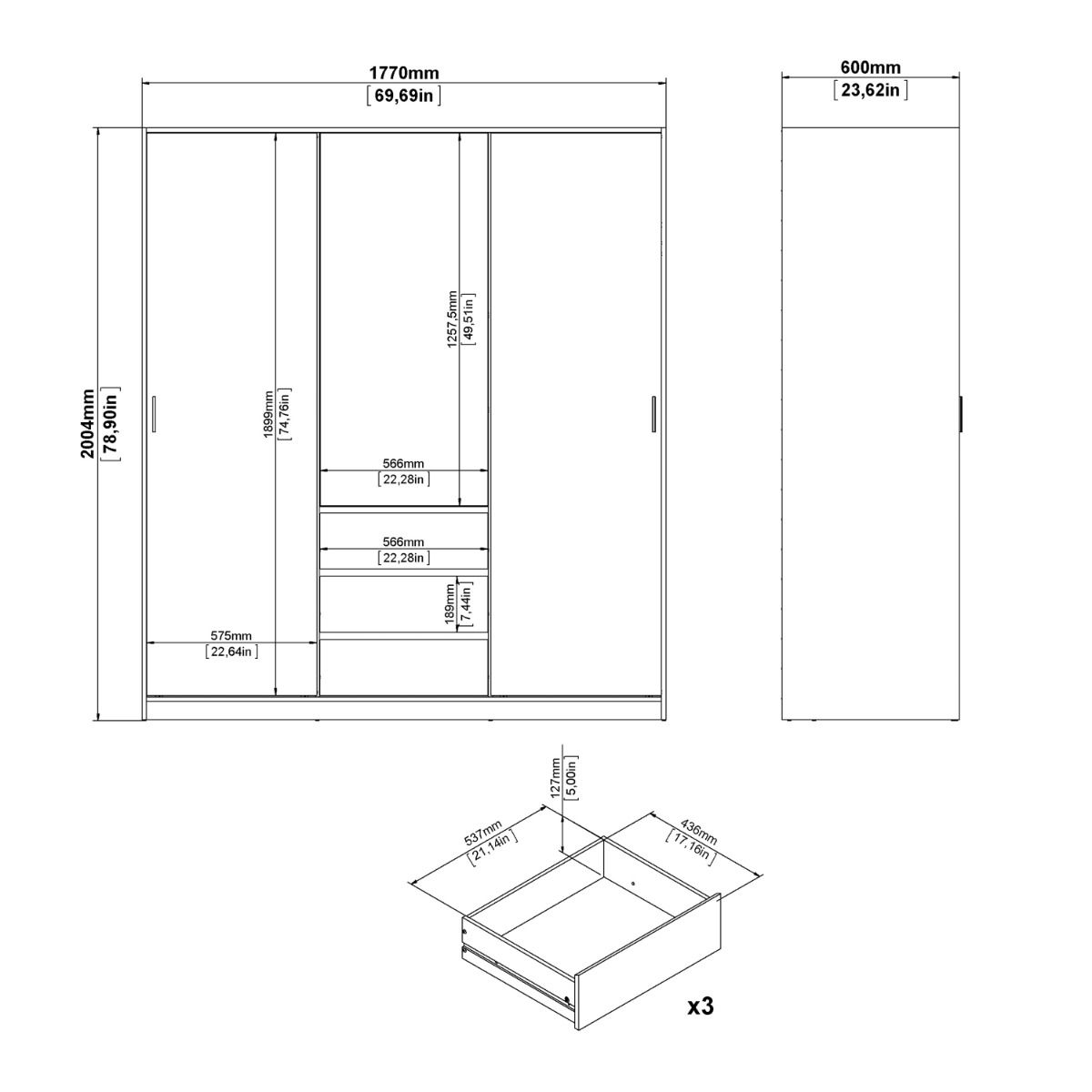 Naia Wardrobe with 2 Sliding Doors 1 Door 3 Drawers