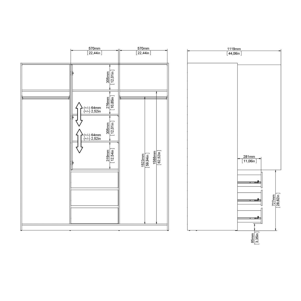 Naia Wardrobe with 2 Sliding Doors 1 Door 3 Drawers