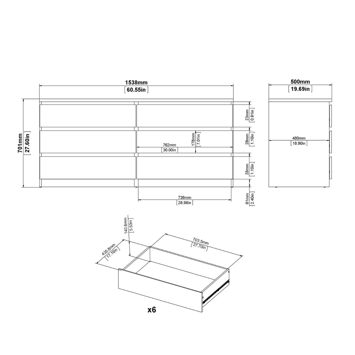 Naia Wide Chest of 6 Drawers