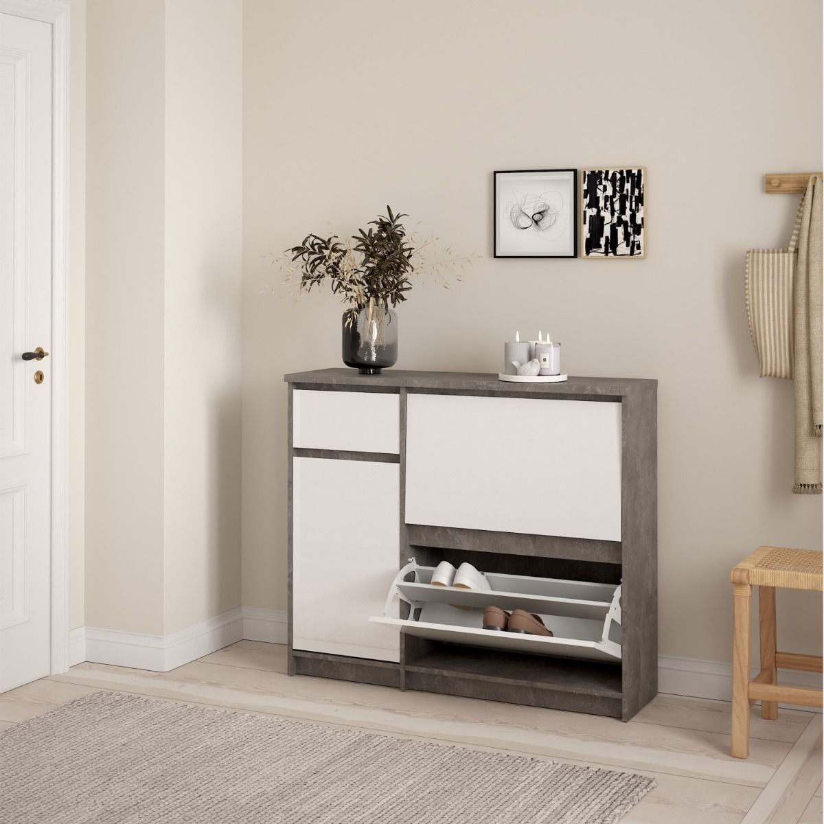 Naia Shoe Cabinet with 2 Flip Down Doors 1 Door and 1 Drawer