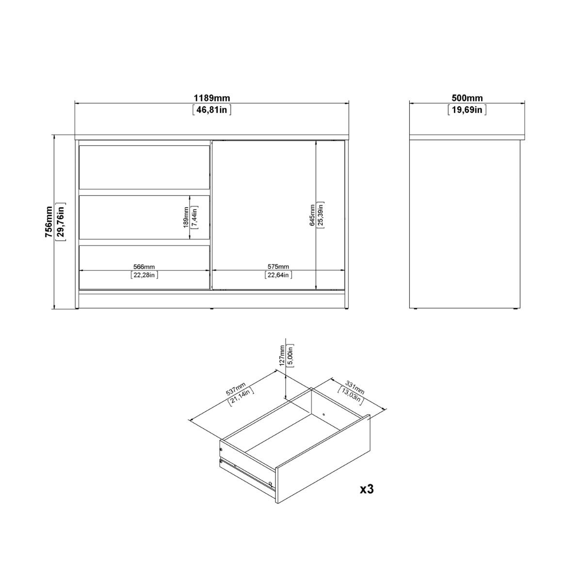 Naia Storage Unit with 1 Sliding Door and 3 Drawers