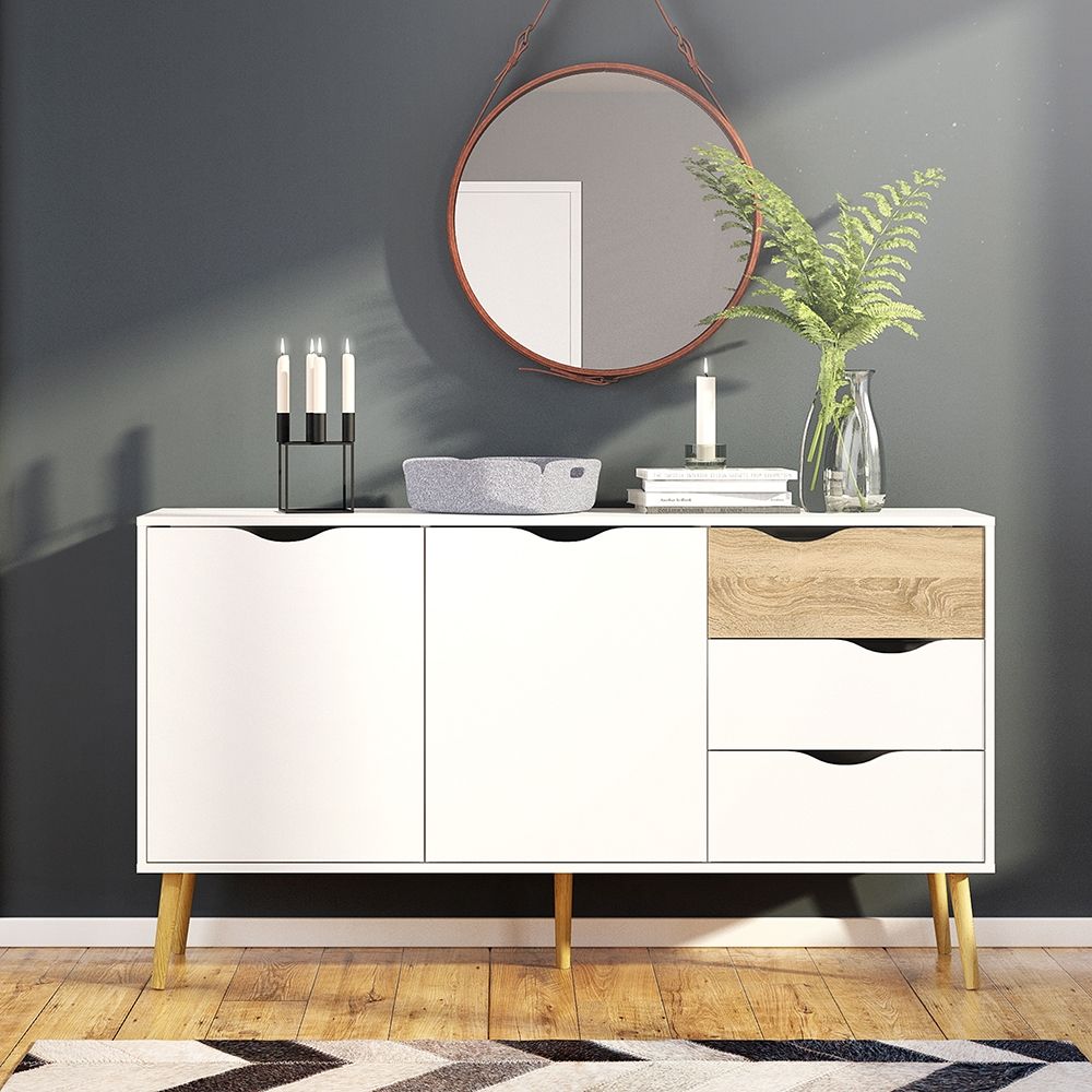 Oslo Large Sideboard 3 Drawers 2 Doors in White and Brown