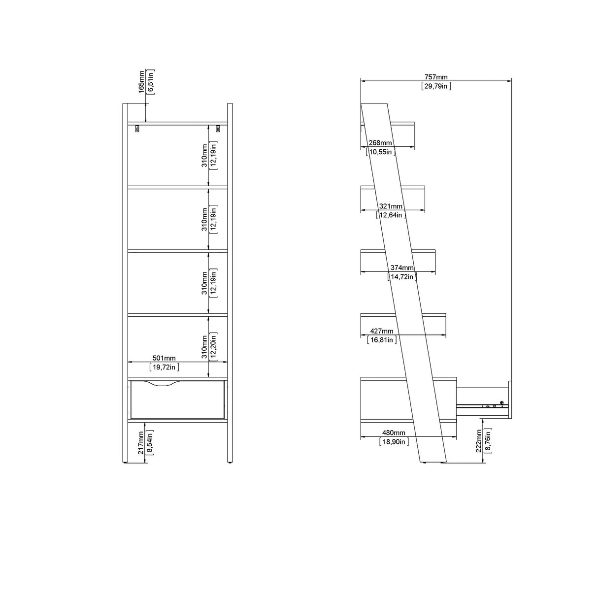 Oslo Leaning Bookcase 1 Drawer in White and Brown
