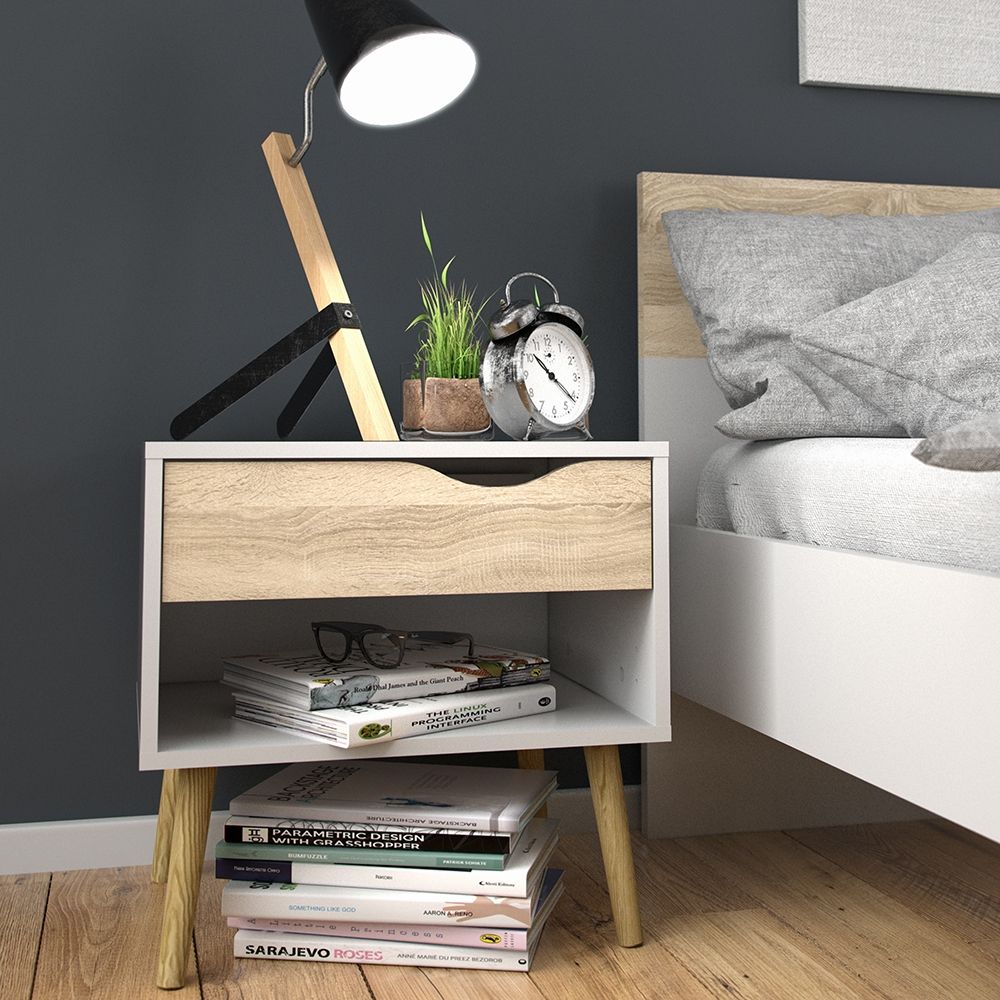 Oslo Bedside Cabinet with 1 Drawer in White and Brown