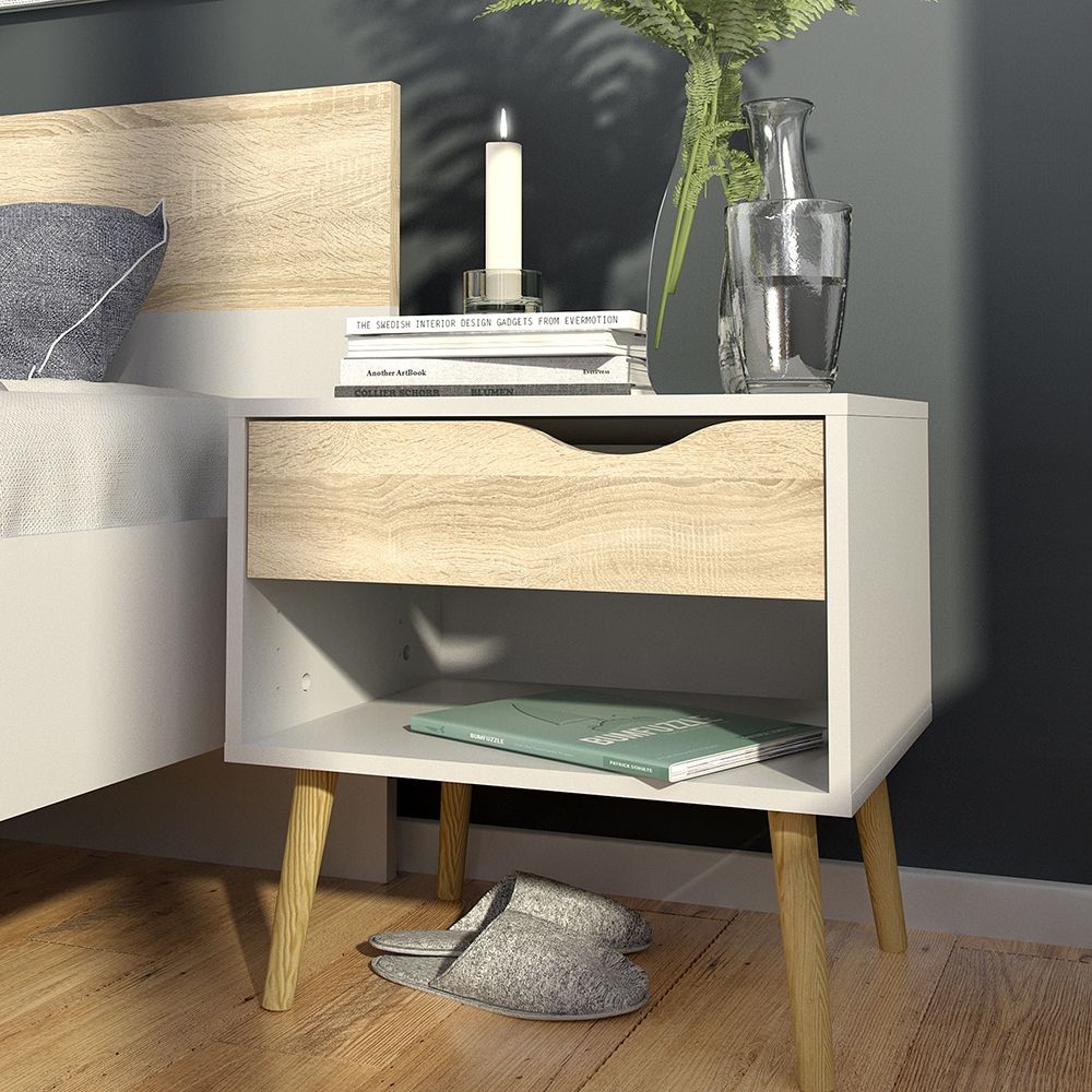 Oslo Bedside Cabinet with 1 Drawer in White and Brown