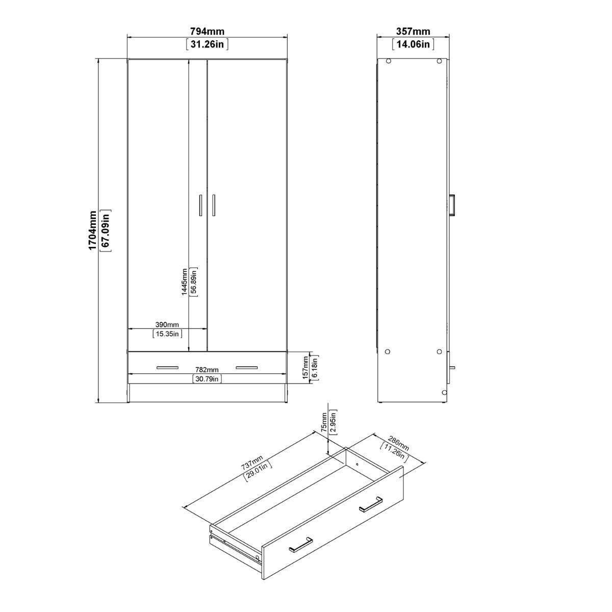 Space Wardrobe with 2 Doors + 1 Drawer