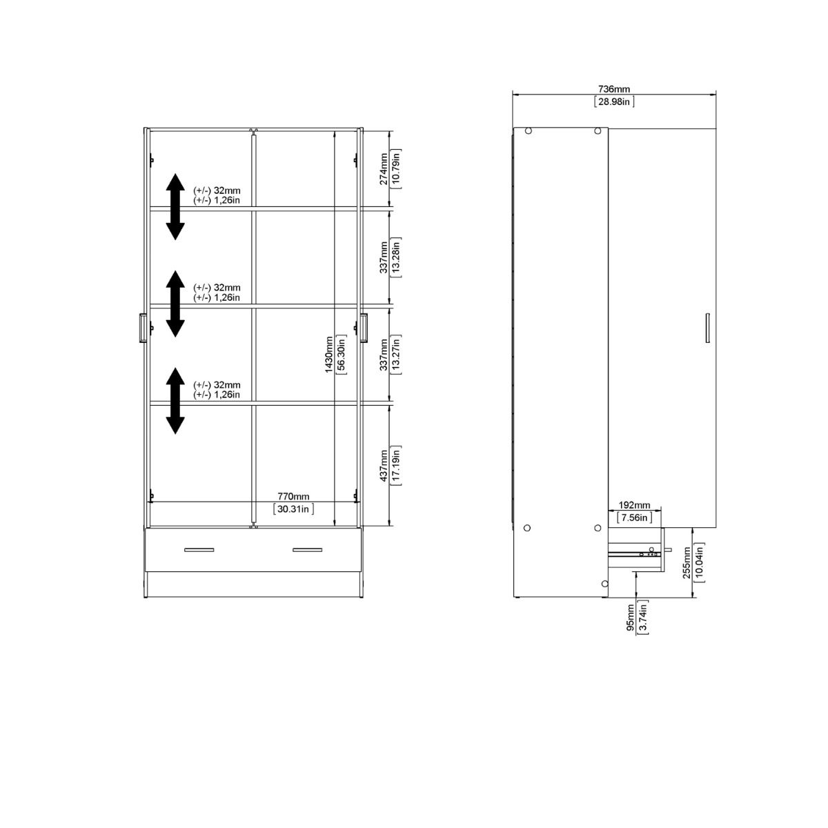 Space Wardrobe with 2 Doors + 1 Drawer