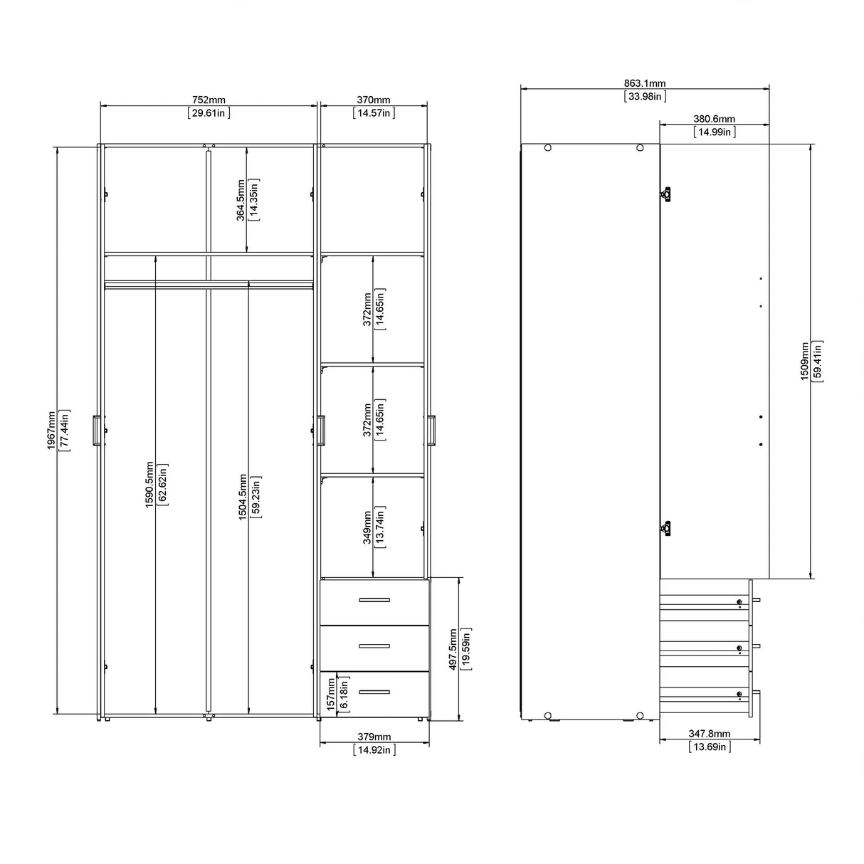 Space Wardrobe - 3 Doors 3 Drawers