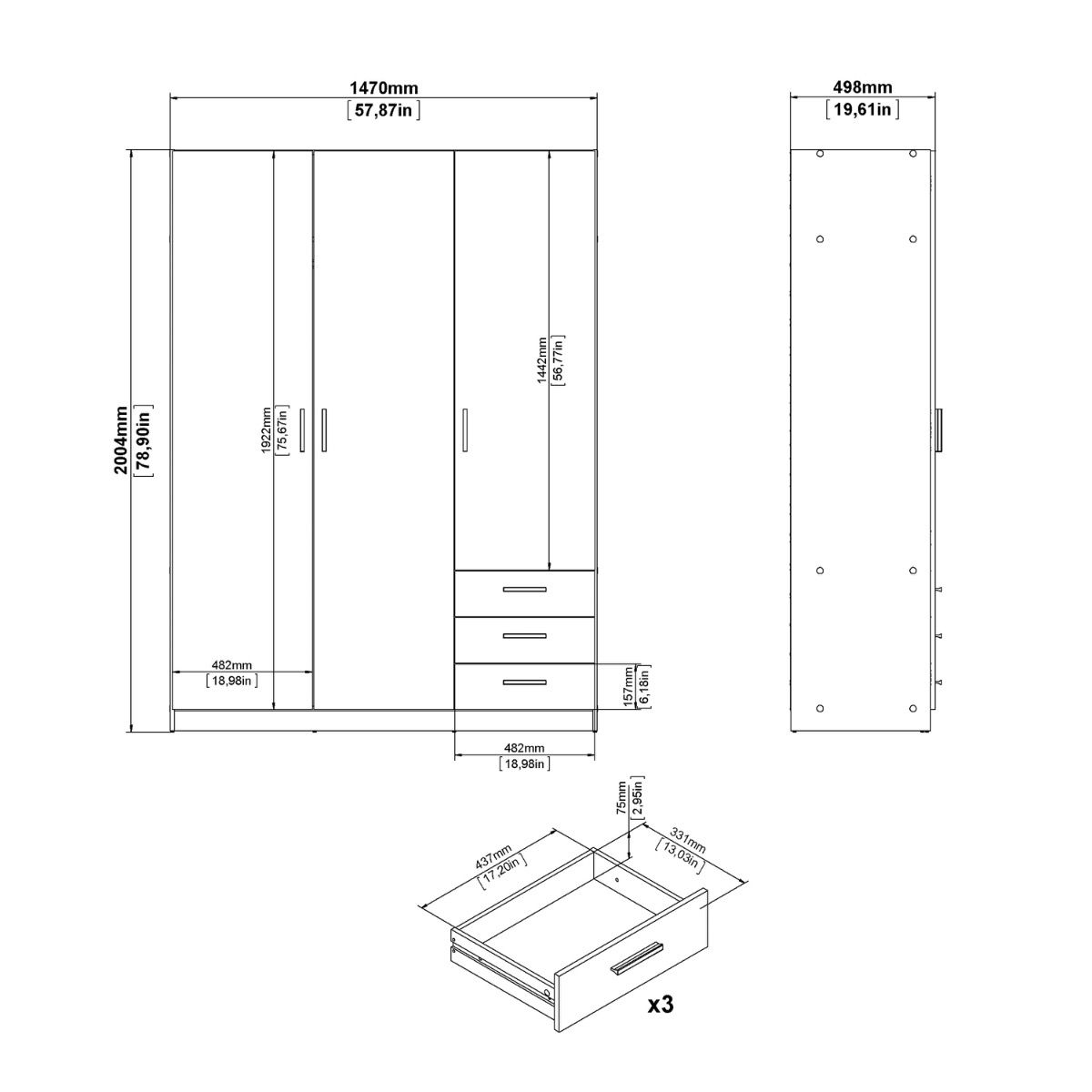 Sprint Wardrobe with 3 Doors + 3 Drawers
