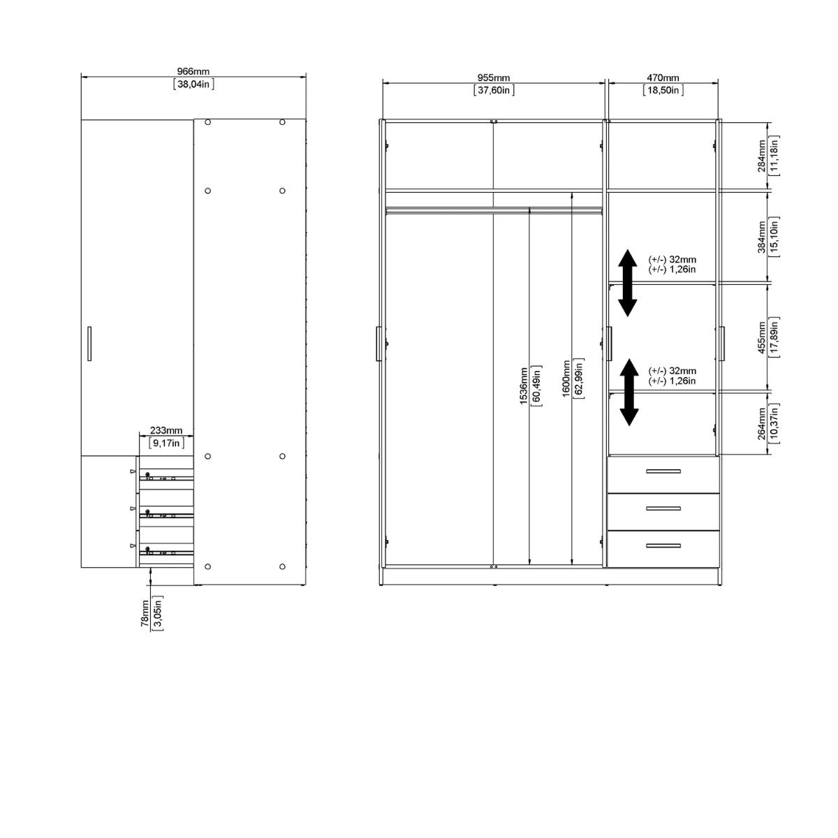 Sprint Wardrobe with 3 Doors + 3 Drawers