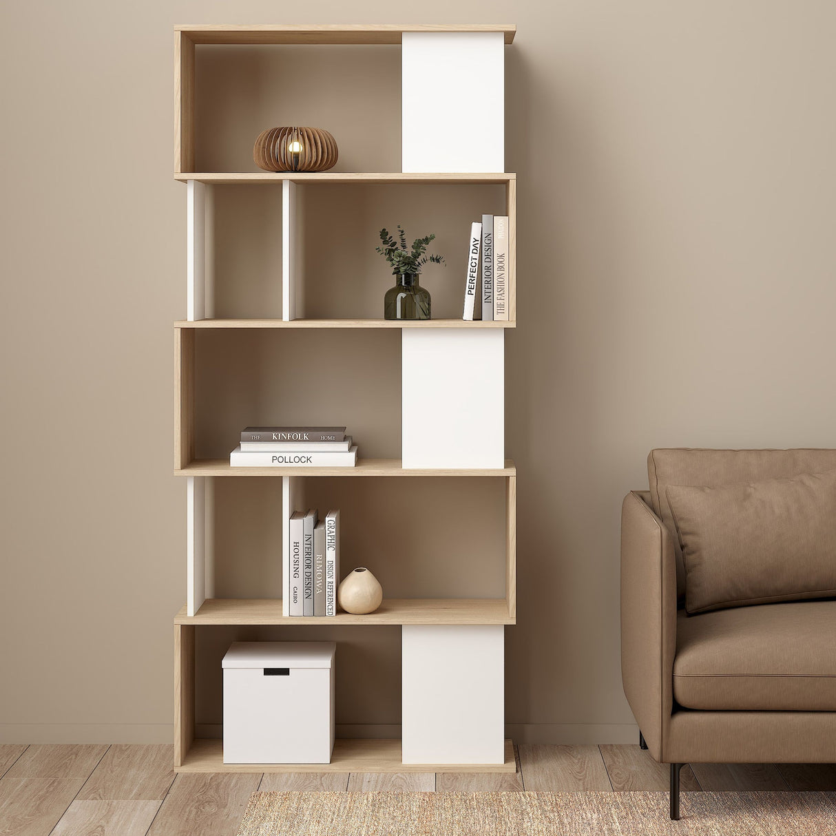 Maze Open Bookcase 4 Shelves in Hickory Brown and White