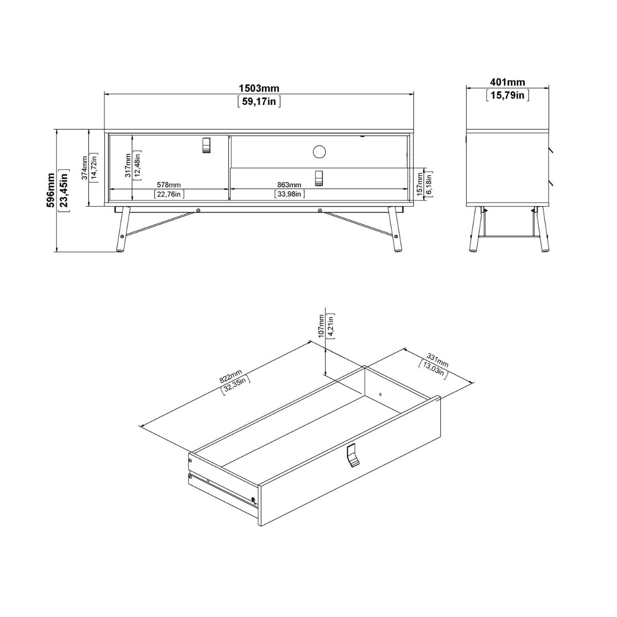 Ry TV Unit with Drawer and Door in Matt Black Walnut