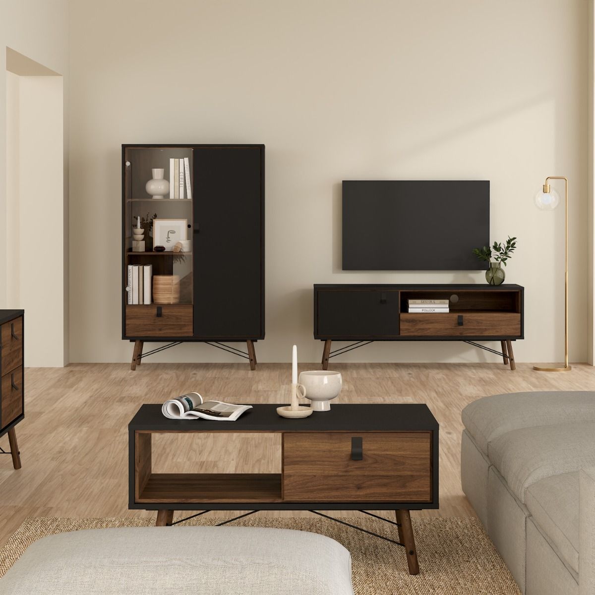 Ry TV Unit with Drawer and Door in Matt Black Walnut