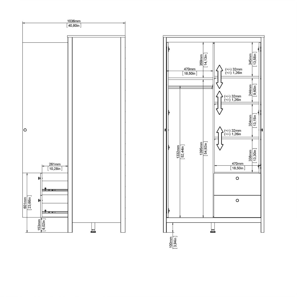 Madrid Wardrobe with 1 Door 1 Mirror Door 2 Drawers