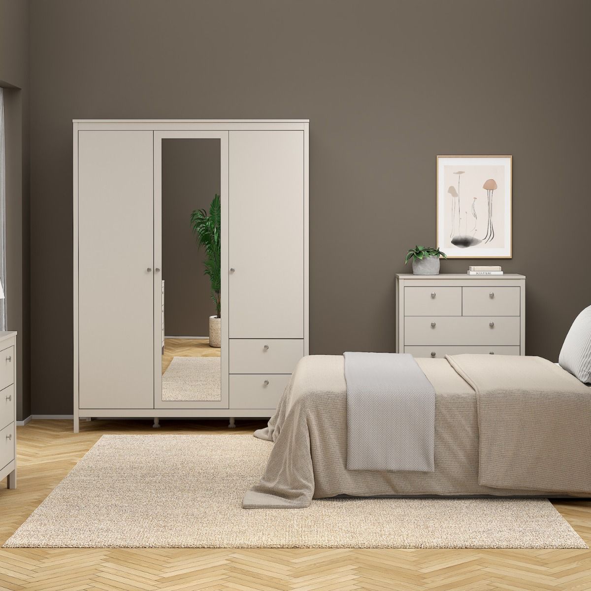 Madrid Wardrobe with 2 Doors + 1 Mirror Door + 2 Drawers in Cashmere