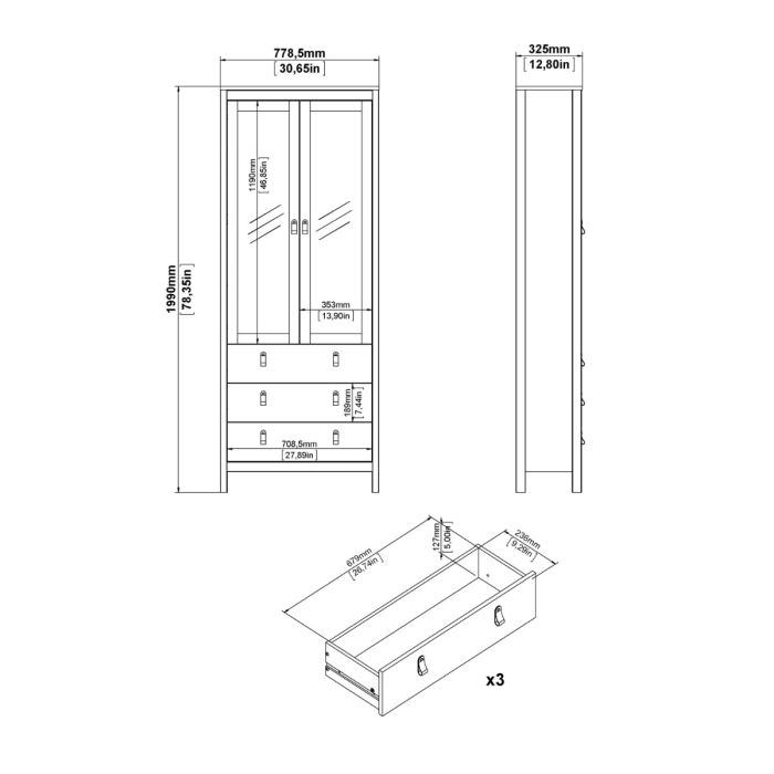 Madrid China Cabinet 2 Glass Doors with 3 Drawers