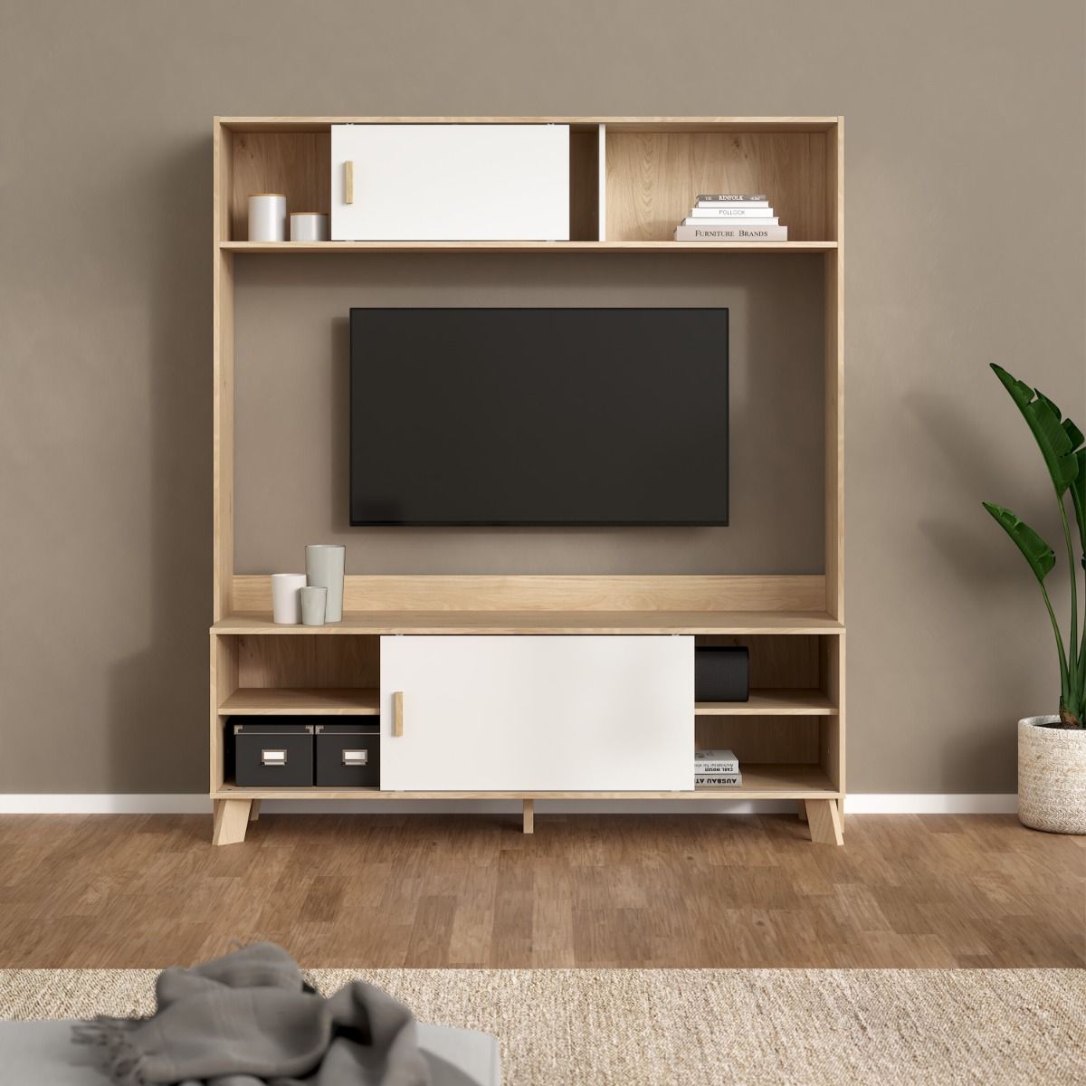 Ikast TV Wall Unit 2 Sliding Doors in Jackson Hickory and White
