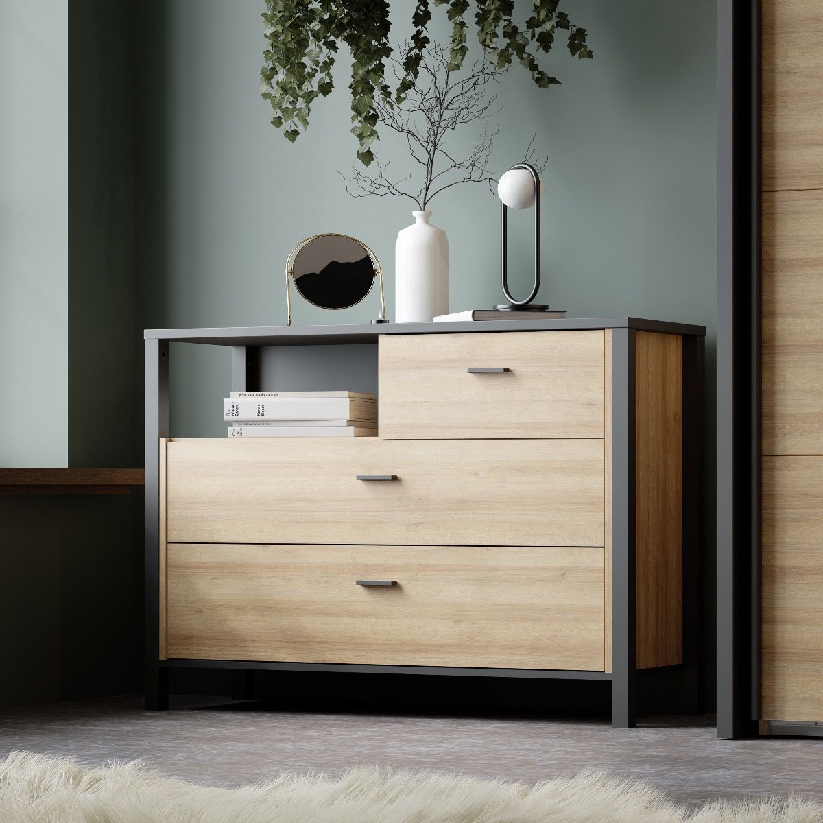 High Rock Chest of 3 Drawers in Matt Black/Riviera Brown