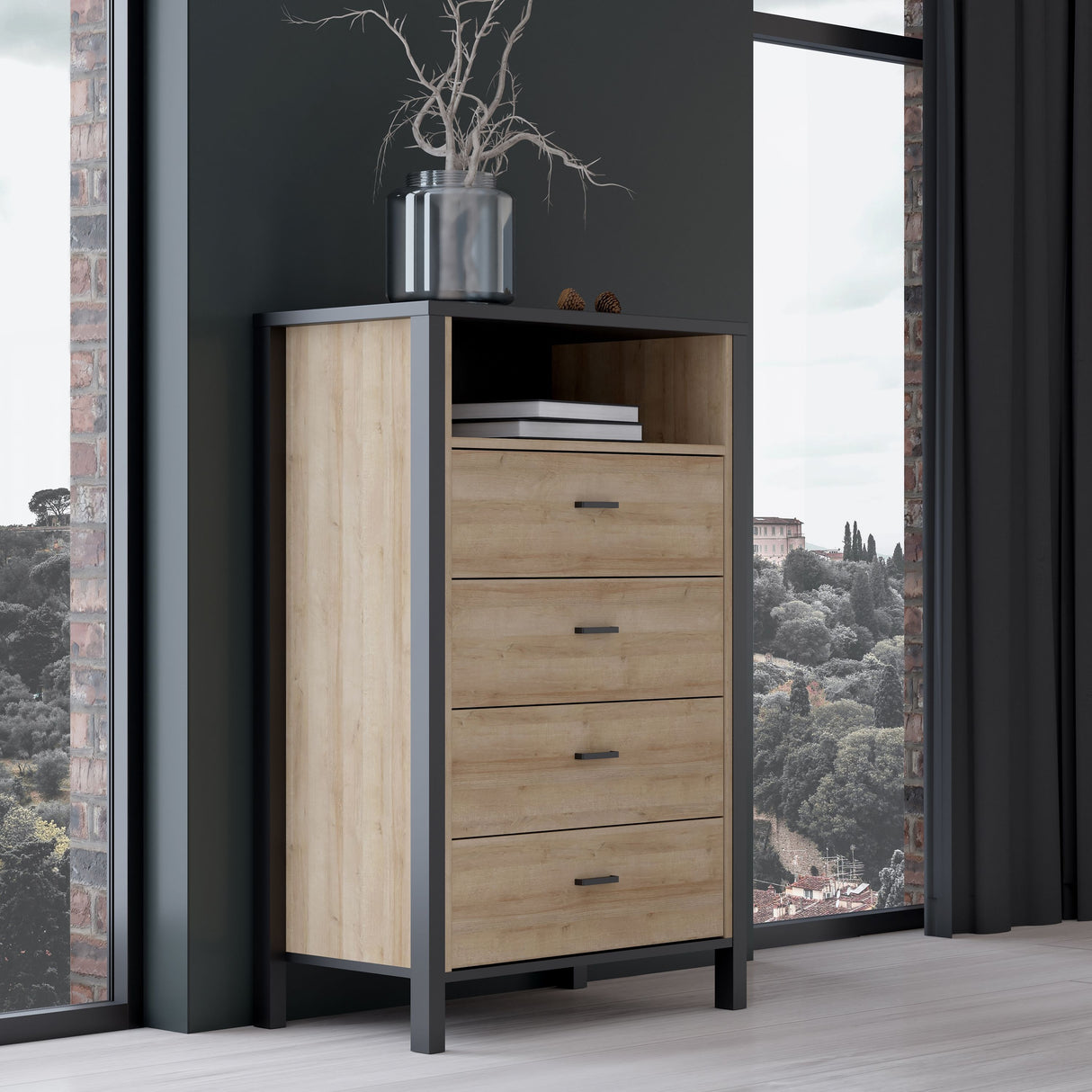High Rock Chest of 4 Drawers in Matt Black/Riviera Brown