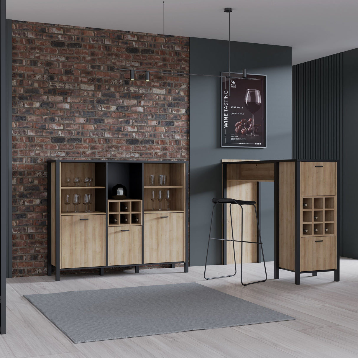 High Rock Wide Shelf Unit in Matt Black/Riviera Brown With 3 Drawers