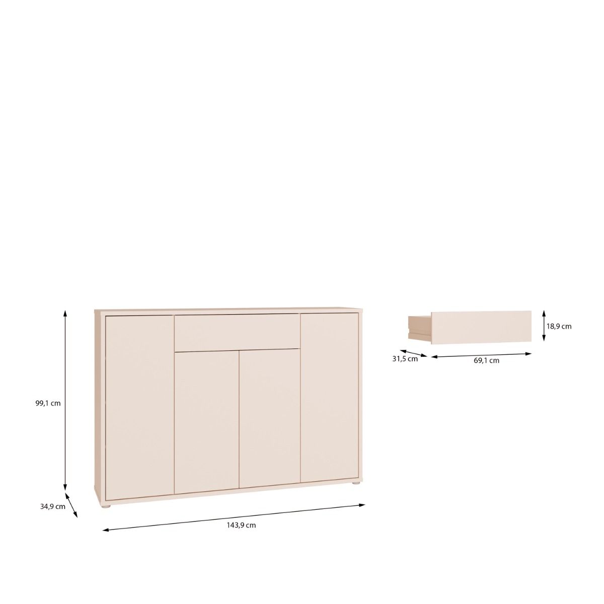 Alice Springs Sideboard with 4 Doors Push-to-Open & 1 Centralised Drawer Push-to-Open in Sand