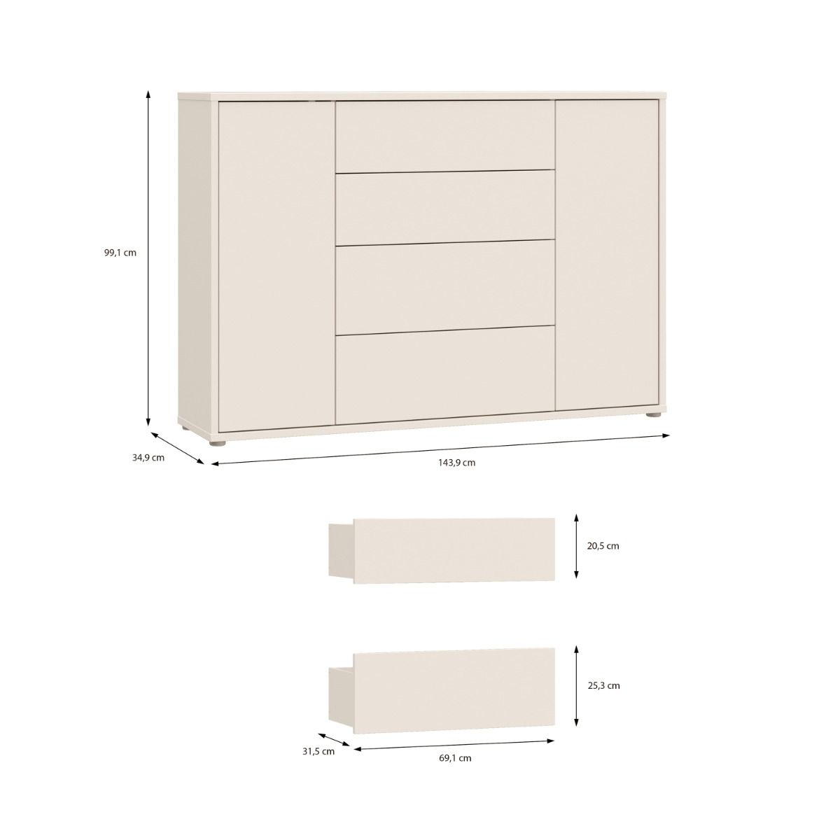Alice Springs Wide Sideboard with 4 Drawers & 2 Doors with Push-to-Open