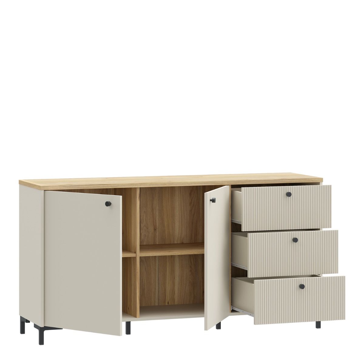 Bixbite Wide Sideboard with Fluted Drawers & Cupboard in Mauvella Brown and Sand