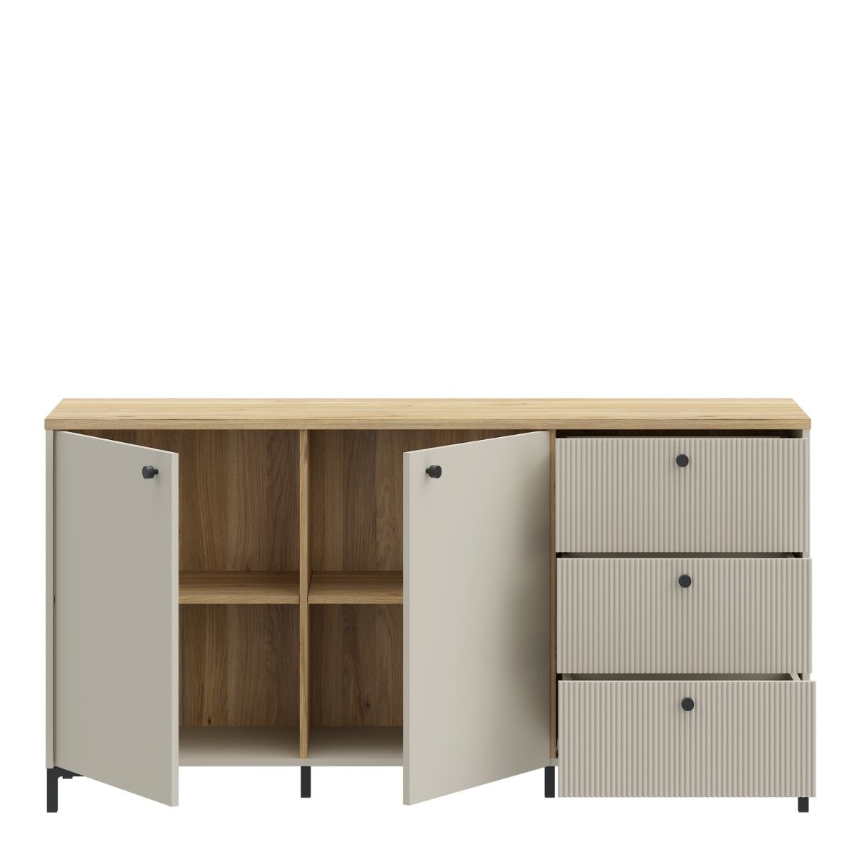 Bixbite Wide Sideboard with Fluted Drawers & Cupboard in Mauvella Brown and Sand
