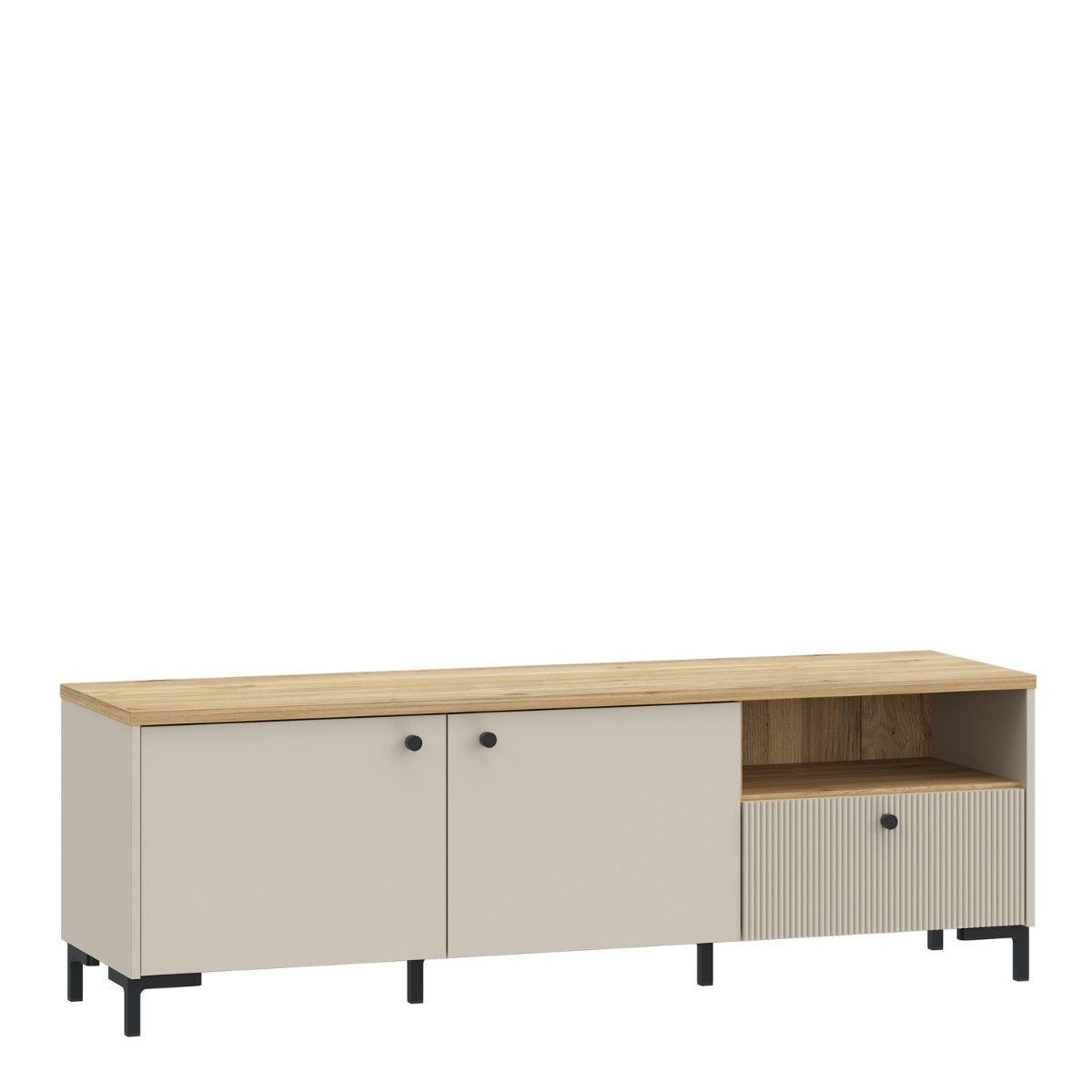 Bixbite Wide TV Unit with Fluted Drawer, Open Shelf & Cupboard in Mauvella Brown and Sand