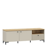 Bixbite Wide TV Unit with Fluted Drawer, Open Shelf & Cupboard in Mauvella Brown and Sand