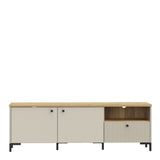 Bixbite Wide TV Unit with Fluted Drawer, Open Shelf & Cupboard in Mauvella Brown and Sand