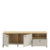 Bixbite Wide TV Unit with Fluted Drawer, Open Shelf & Cupboard in Mauvella Brown and Sand