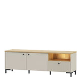 Bixbite Wide TV Unit with Fluted Drawer, Open Shelf & Cupboard in Mauvella Brown and Sand