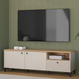 Bixbite Wide TV Unit with Fluted Drawer, Open Shelf & Cupboard in Mauvella Brown and Sand