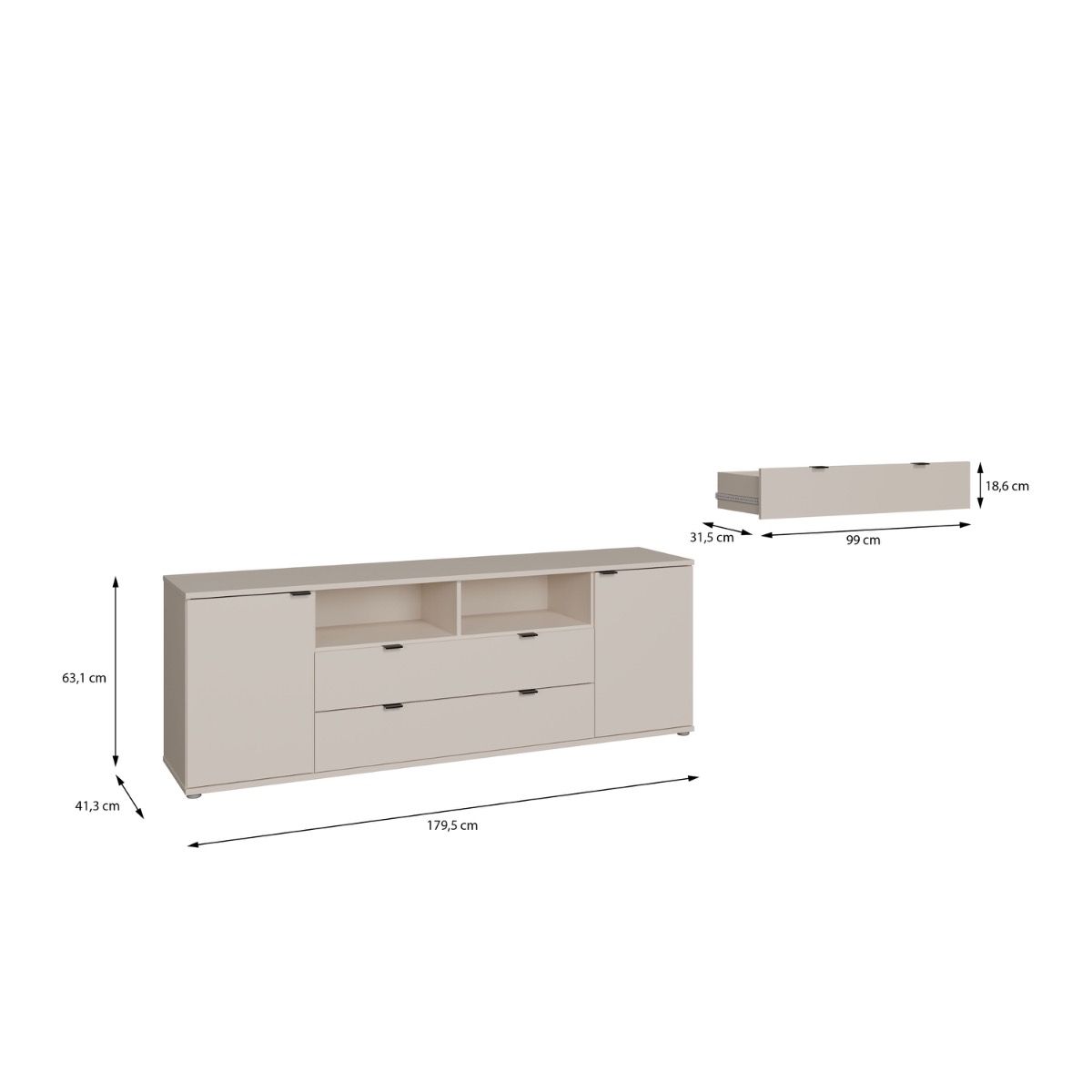 Ganymede Wide TV Unit with Open Shelving, 2 Drawers & 2 Doors