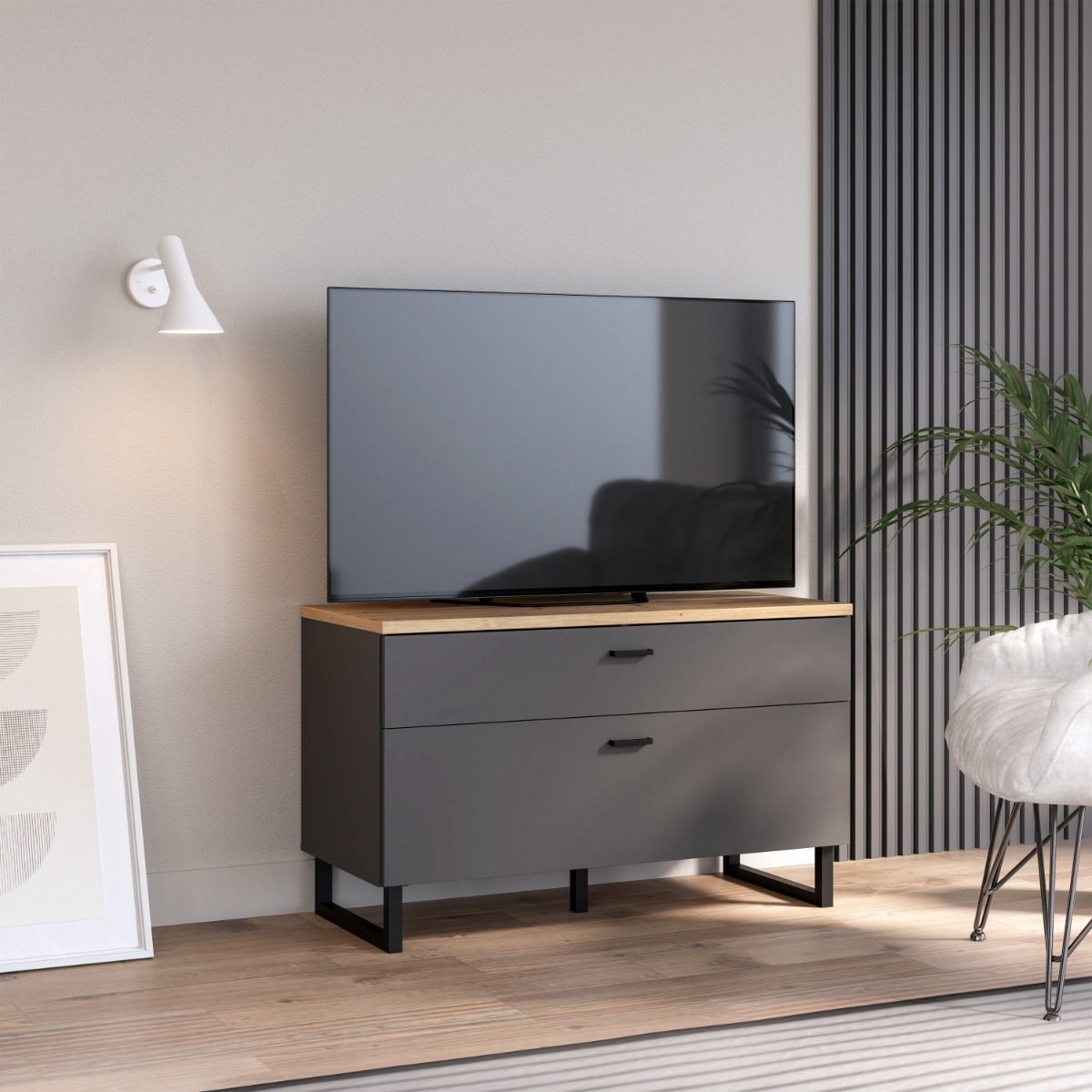 Klara TV Unit with 1 Drawer 1 Flip Door in Grey and Brown