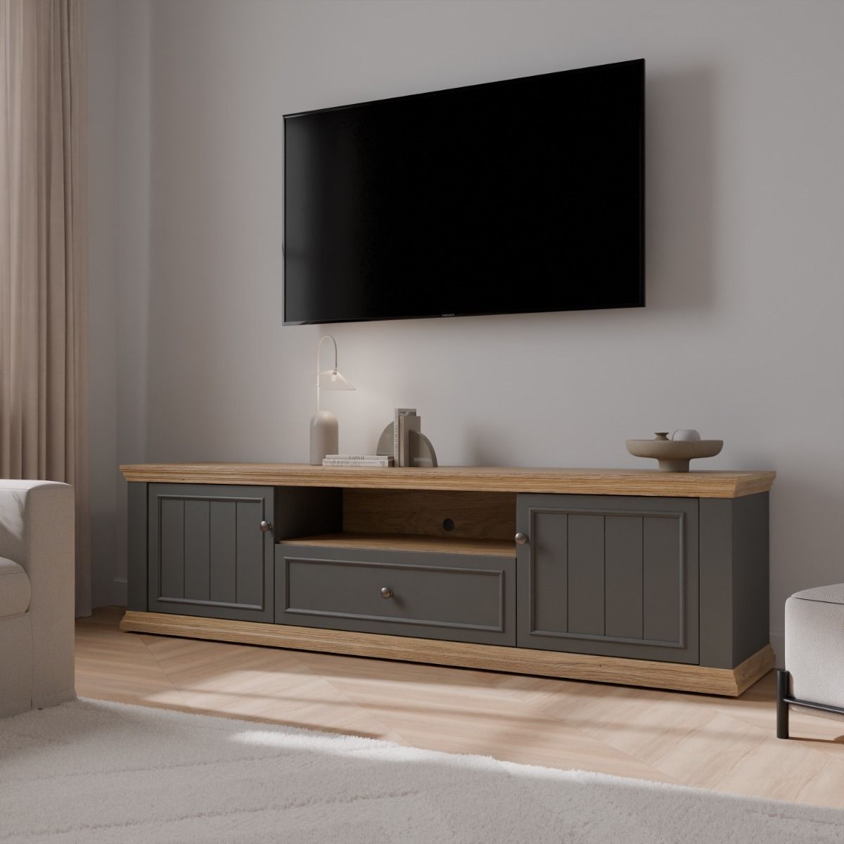 Pontypool Wide TV Unit with 2 Doors, Drawer & Open Shelf